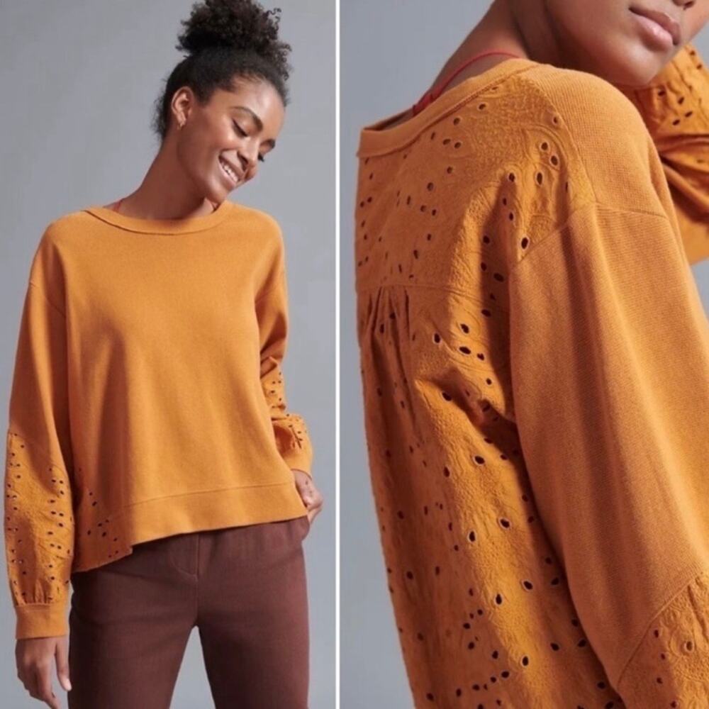 Anthropologie Pilcro Sz M Maura Eyelet Lace Puff Sleeve Top Relaxed